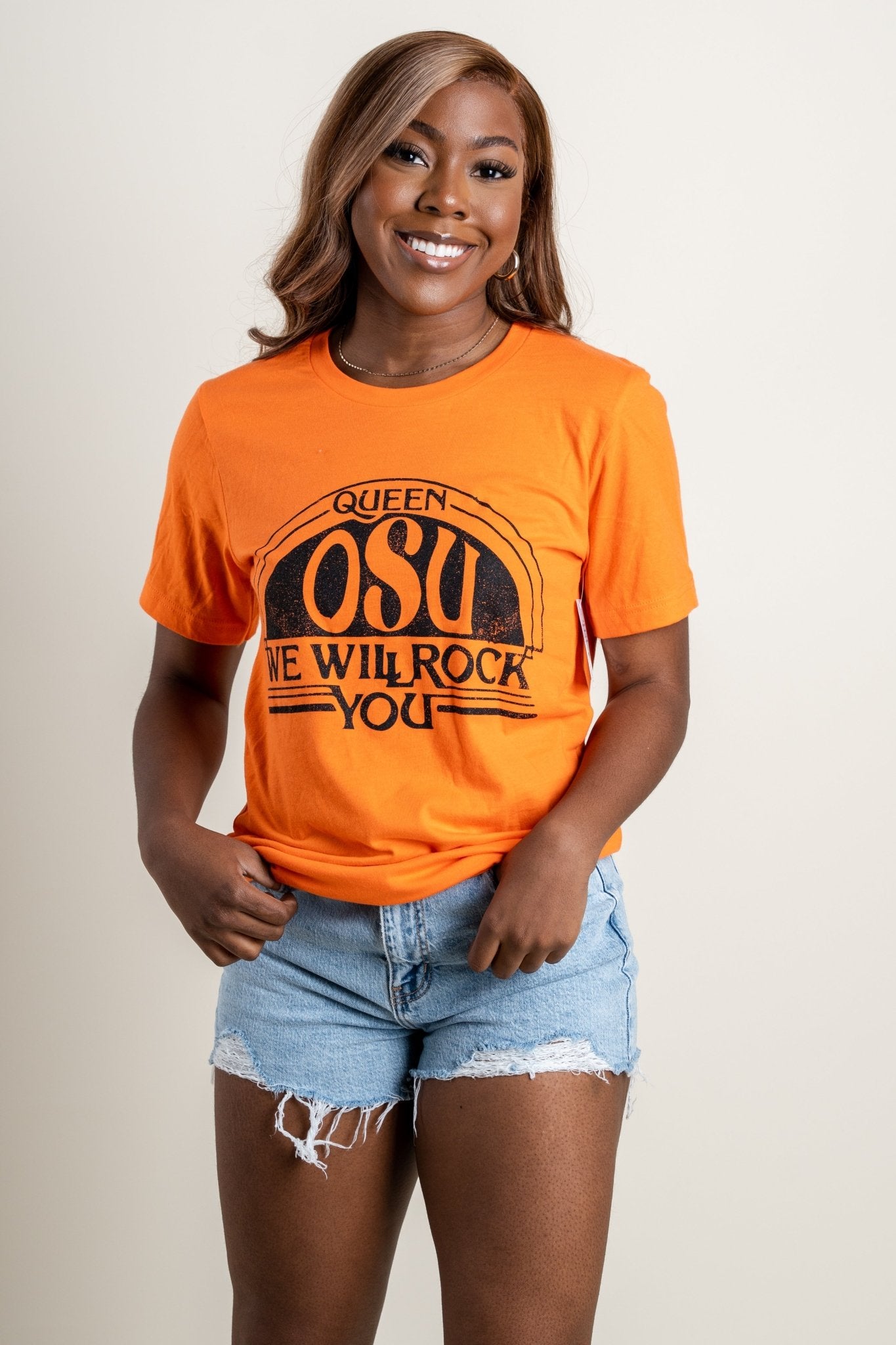 OSU OSU Queen we will rock you unisex t-shirt orange T-shirts | Lush Fashion Lounge Trendy Oklahoma State Cowboys Apparel & Cute Gameday T-Shirts