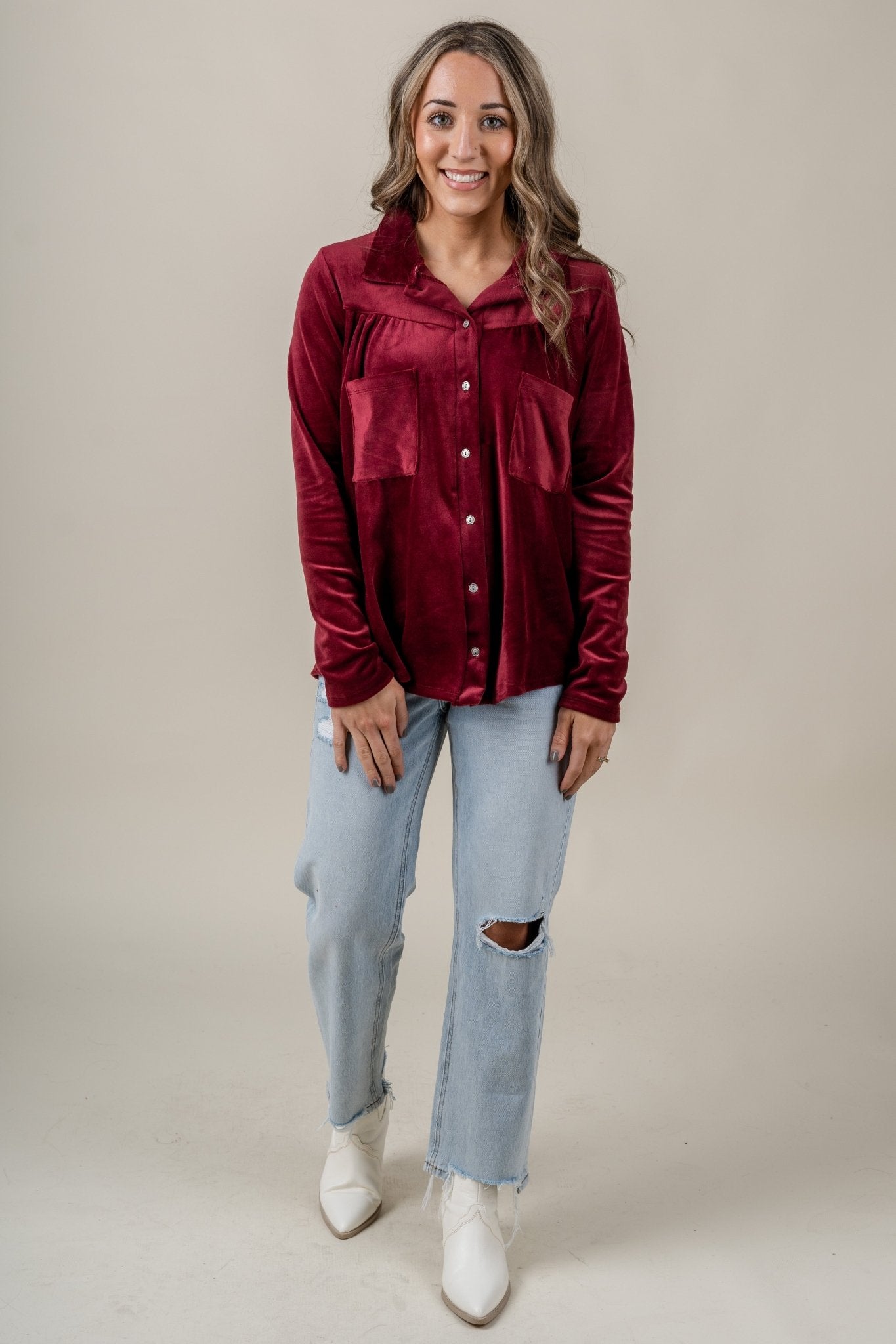 Velvet button up blouse burgundy - Unique Valentine's Day T-Shirt Designs at Lush Fashion Lounge Boutique in Oklahoma City