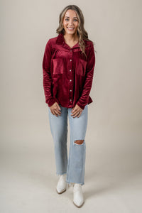 Velvet button up blouse burgundy - Cute Valentine's Day Outfits at Lush Fashion Lounge Boutique in Oklahoma City