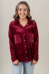 Velvet button up blouse burgundy - Trendy T-Shirts for Valentine's Day at Lush Fashion Lounge Boutique in Oklahoma City