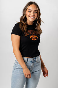 OSU OSU Wonka football micro cropped t-shirt black T-shirts | Lush Fashion Lounge Trendy Oklahoma State Cowboys Apparel & Cute Gameday T-Shirts
