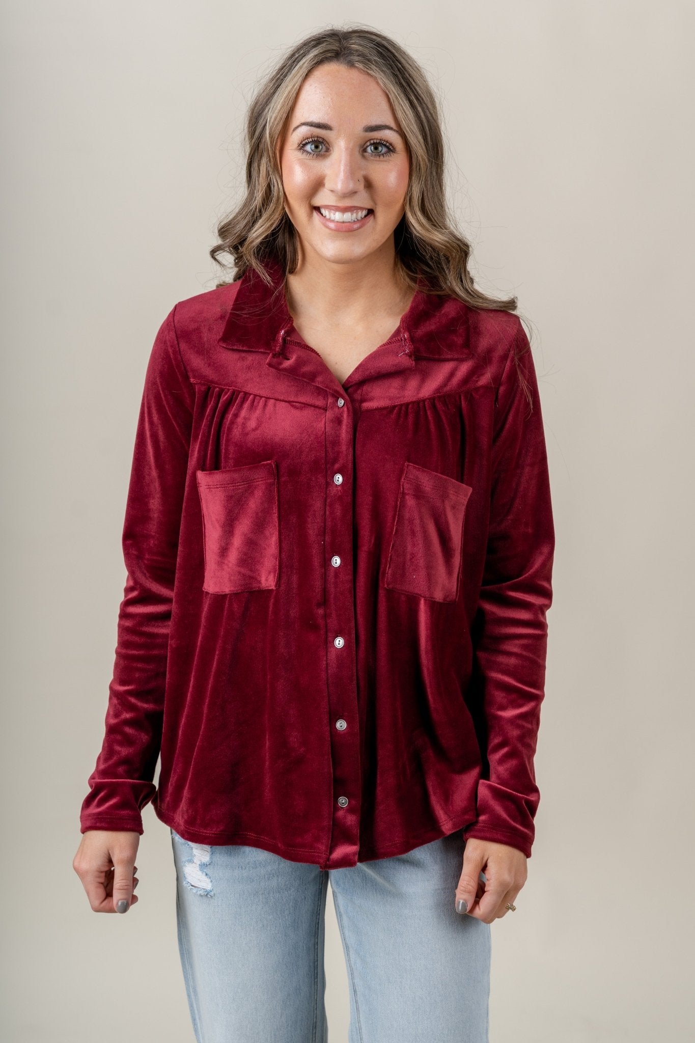 Velvet button up blouse burgundy - Trendy Valentine's T-Shirts at Lush Fashion Lounge Boutique in Oklahoma City