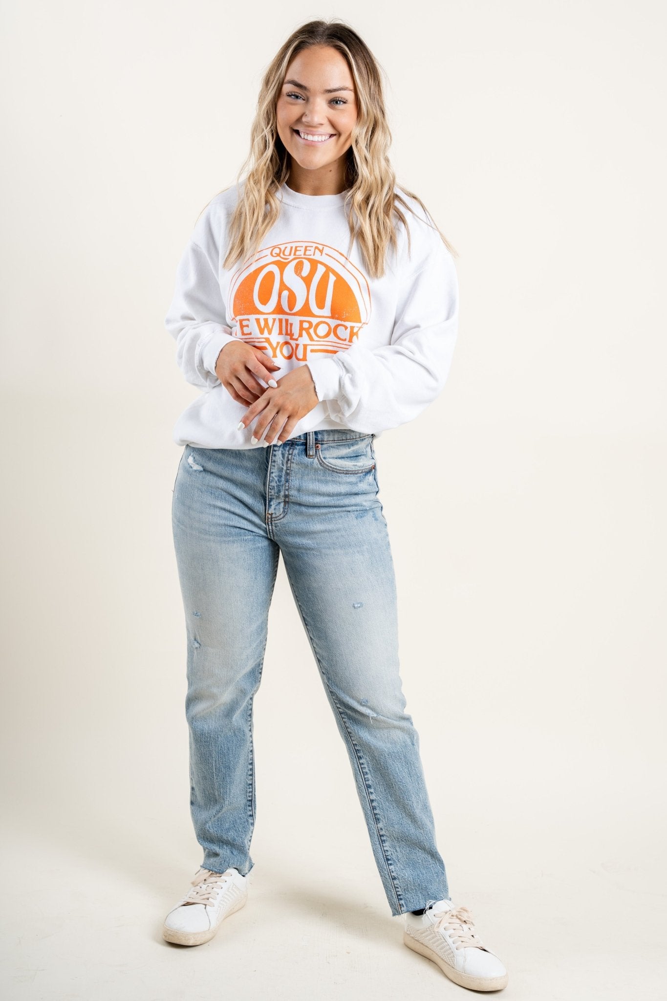 OSU Queen we will rock you sweatshirt white - Vintage Band T-Shirts and Sweatshirts at Lush Fashion Lounge Boutique in Oklahoma City