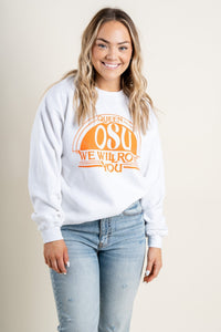 OSU Queen we will rock you sweatshirt white - Stylish Band T-Shirts and Sweatshirts at Lush Fashion Lounge Boutique in Oklahoma City