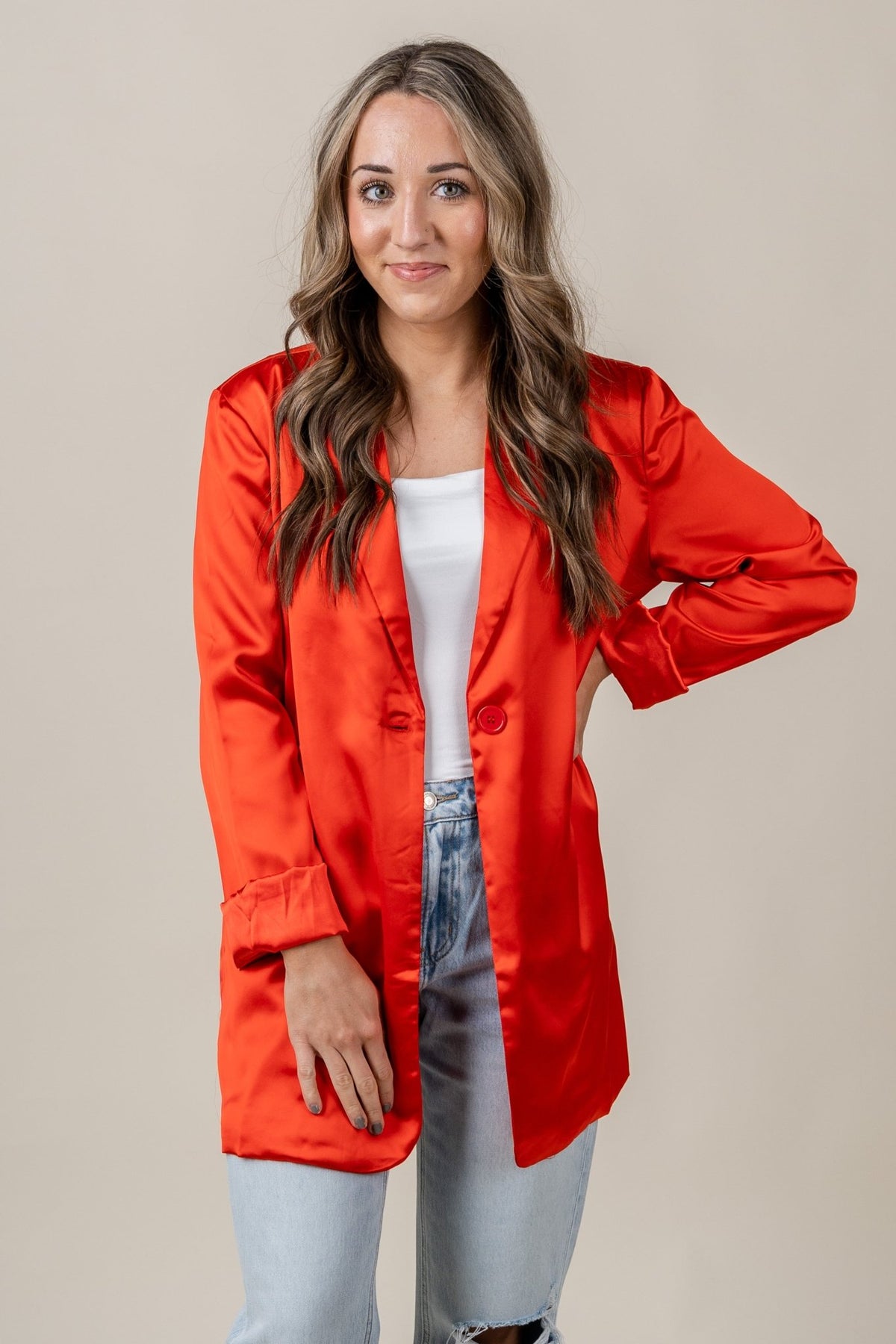 Satin blazer red - Trendy T-Shirts for Valentine's Day at Lush Fashion Lounge Boutique in Oklahoma City