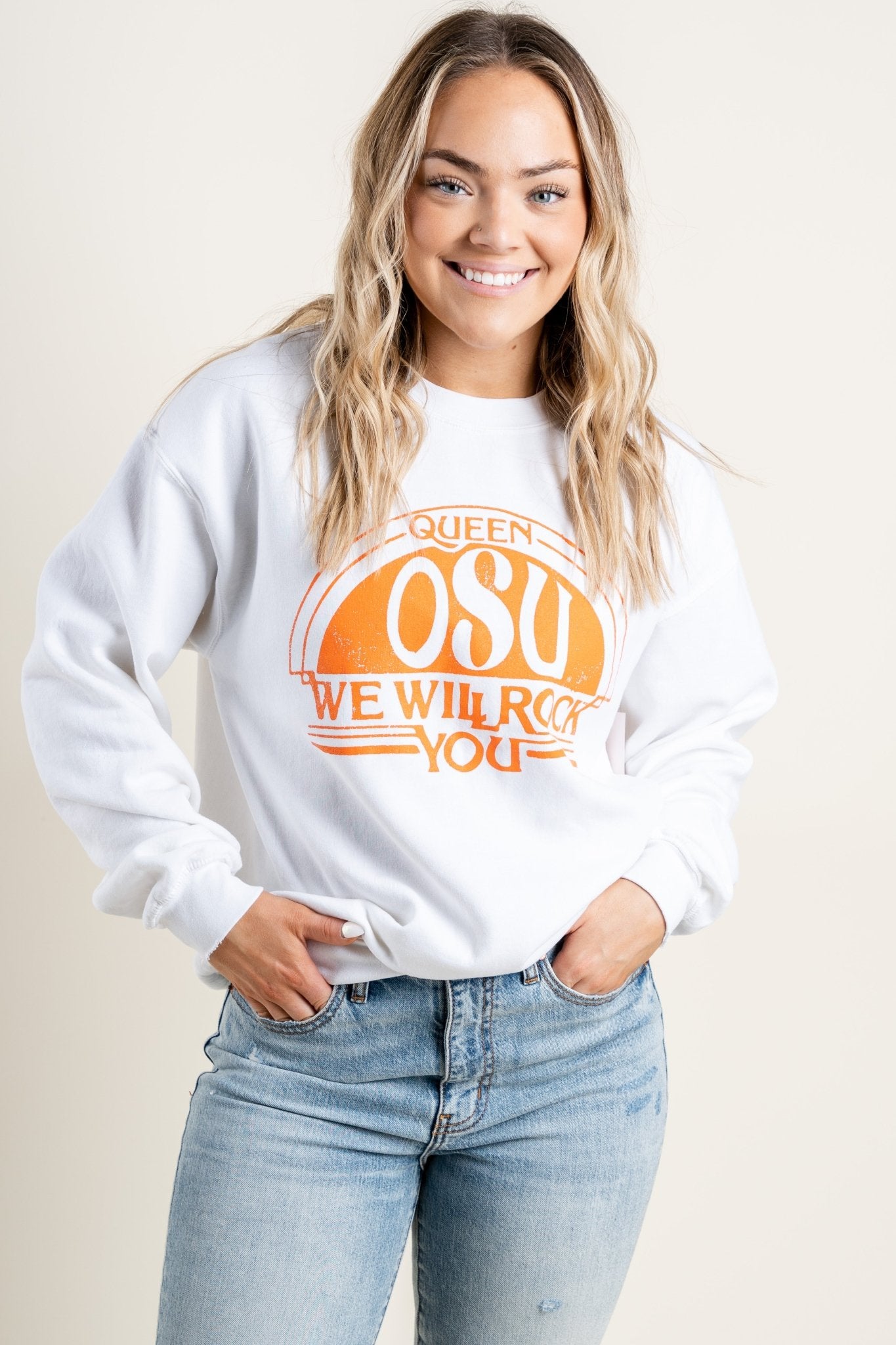 OSU Queen we will rock you sweatshirt white - Trendy Band T-Shirts and Sweatshirts at Lush Fashion Lounge Boutique in Oklahoma City