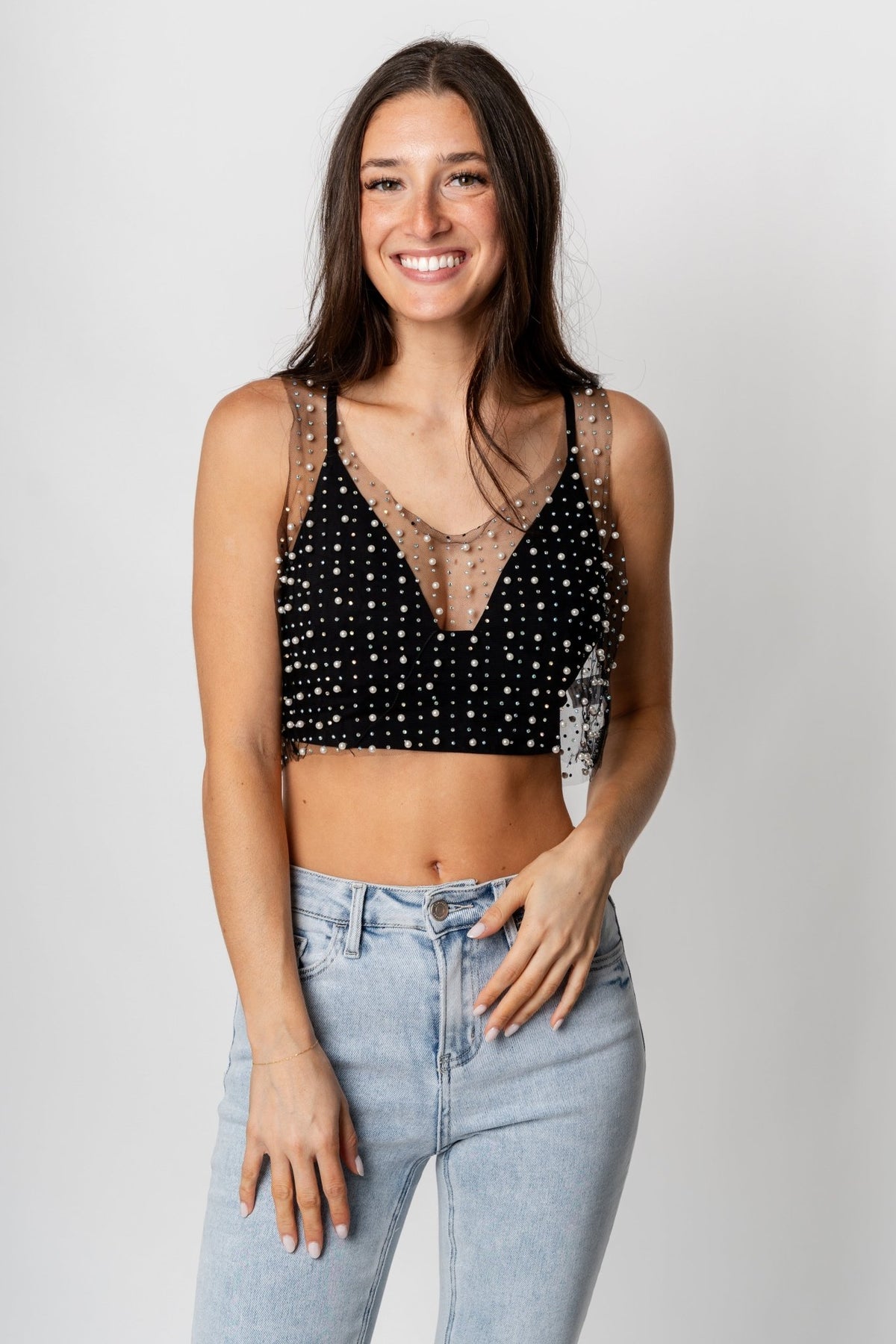 Pearl studded mesh tank top black - Cute Tank Top - Trendy Tank Tops at Lush Fashion Lounge Boutique in Oklahoma City