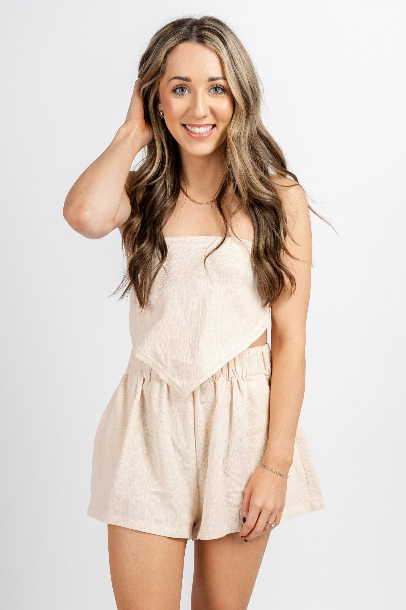 Cropped gauze top light taupe - Cute Top - Fun Vacay Basics at Lush Fashion Lounge Boutique in Oklahoma City