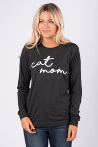 Cat Mom large pride script unisex long sleeve t-shirt charcoal - Stylish T-shirts - Trendy Graphic T-Shirts and Tank Tops at Lush Fashion Lounge Boutique in Oklahoma City