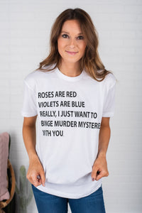 Murder mystery unisex short sleeve t-shirt white - Cute T-shirts - Funny T-Shirts at Lush Fashion Lounge Boutique in Oklahoma City