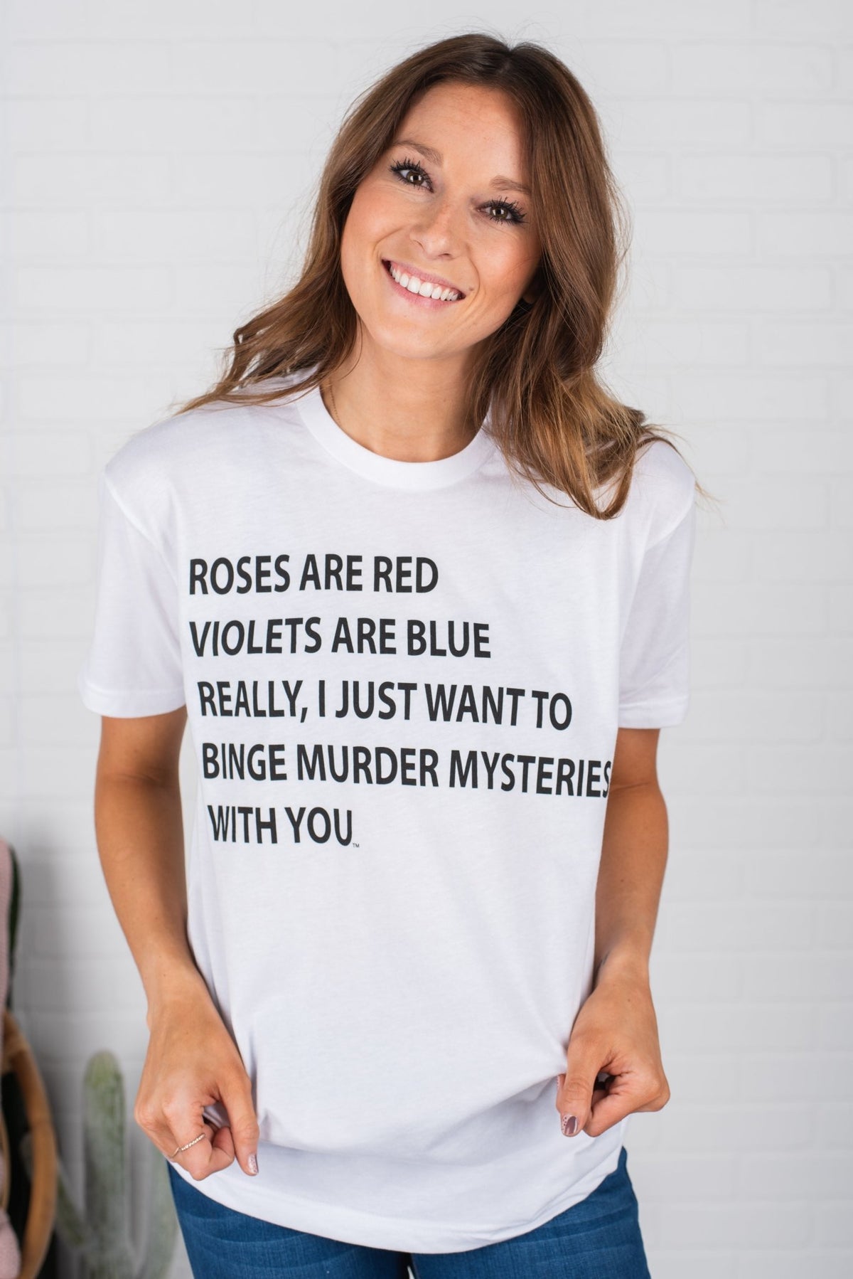 Murder mystery unisex short sleeve t-shirt white - Stylish T-shirts - Trendy Graphic T-Shirts and Tank Tops at Lush Fashion Lounge Boutique in Oklahoma City
