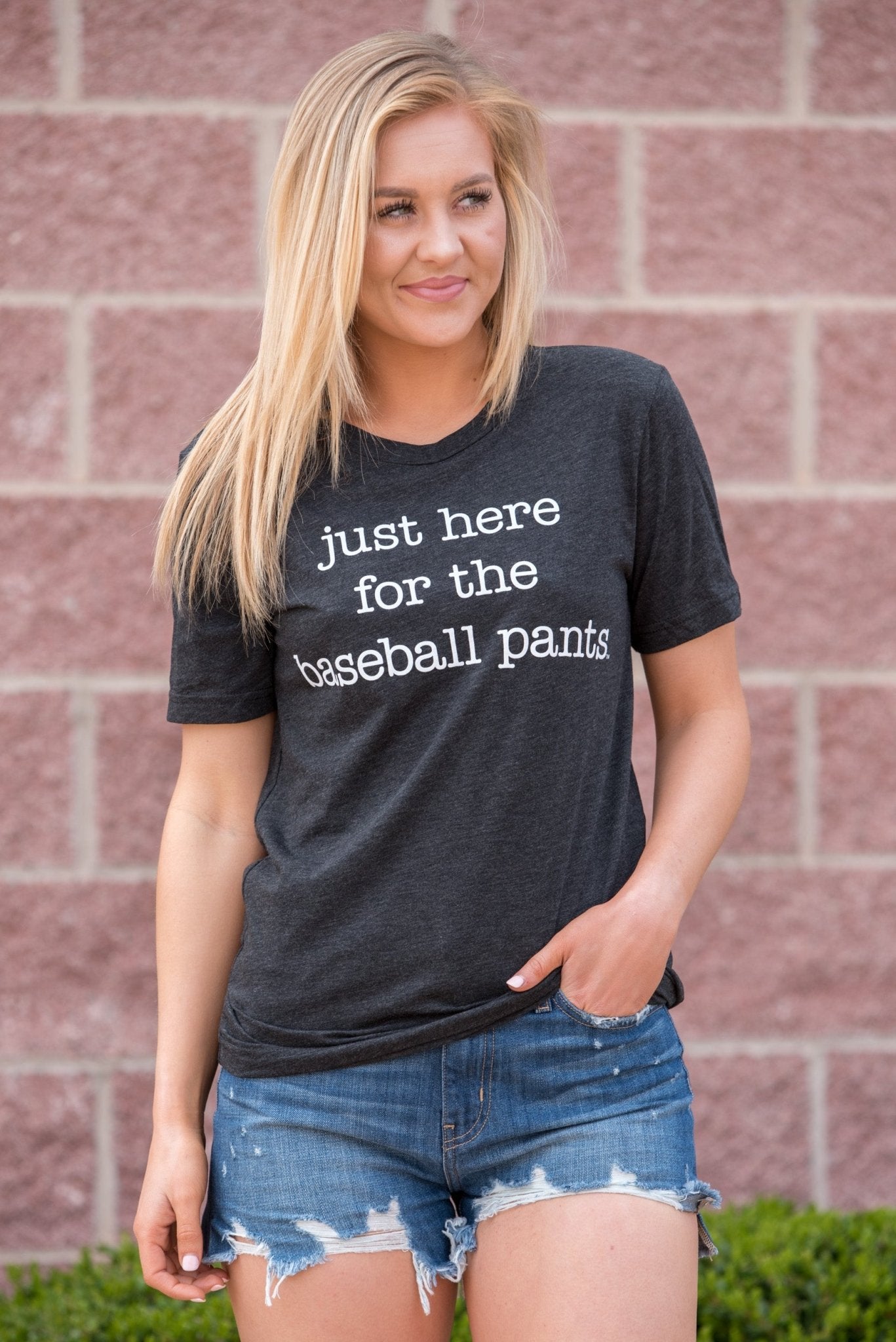 Just here for the baseball pants unisex short sleeve t-shirt charcoal - Stylish T-shirts - Trendy Graphic T-Shirts and Tank Tops at Lush Fashion Lounge Boutique in Oklahoma City