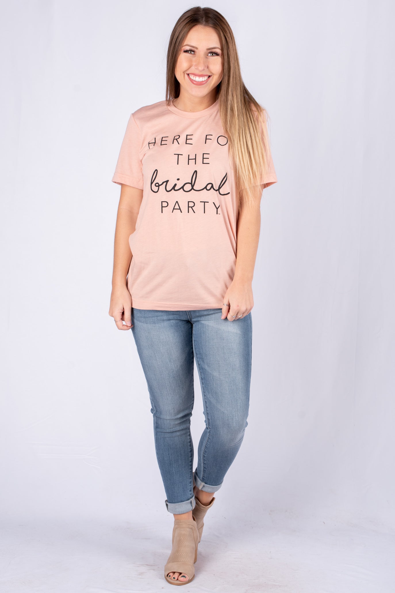 Here for the bridal party unisex short sleeve t-shirt peach - Trendy T-shirts - Cute Graphic Tee Fashion at Lush Fashion Lounge Boutique in Oklahoma