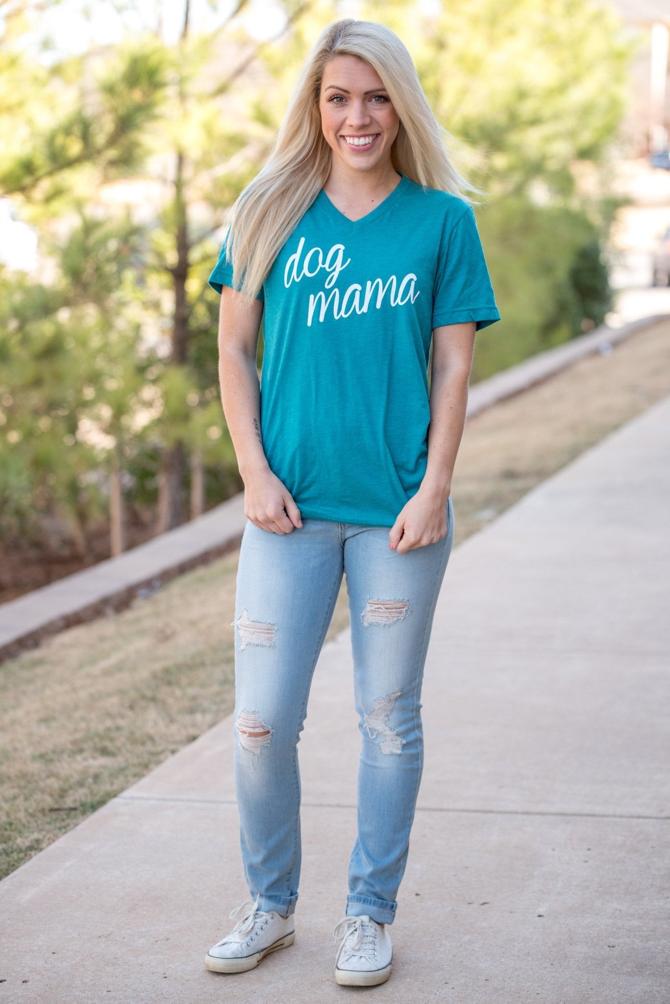 Dog mama script short sleeve v-neck t-shirt teal - Trendy T-shirts - Cute Graphic Tee Fashion at Lush Fashion Lounge Boutique in Oklahoma