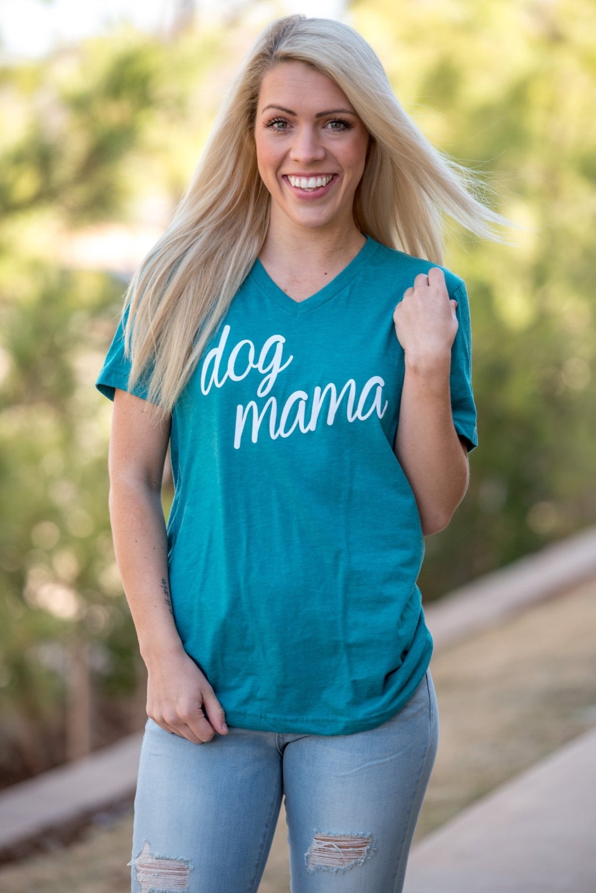 Dog mama script short sleeve v-neck t-shirt teal - Stylish T-shirts - Trendy Graphic T-Shirts and Tank Tops at Lush Fashion Lounge Boutique in Oklahoma City