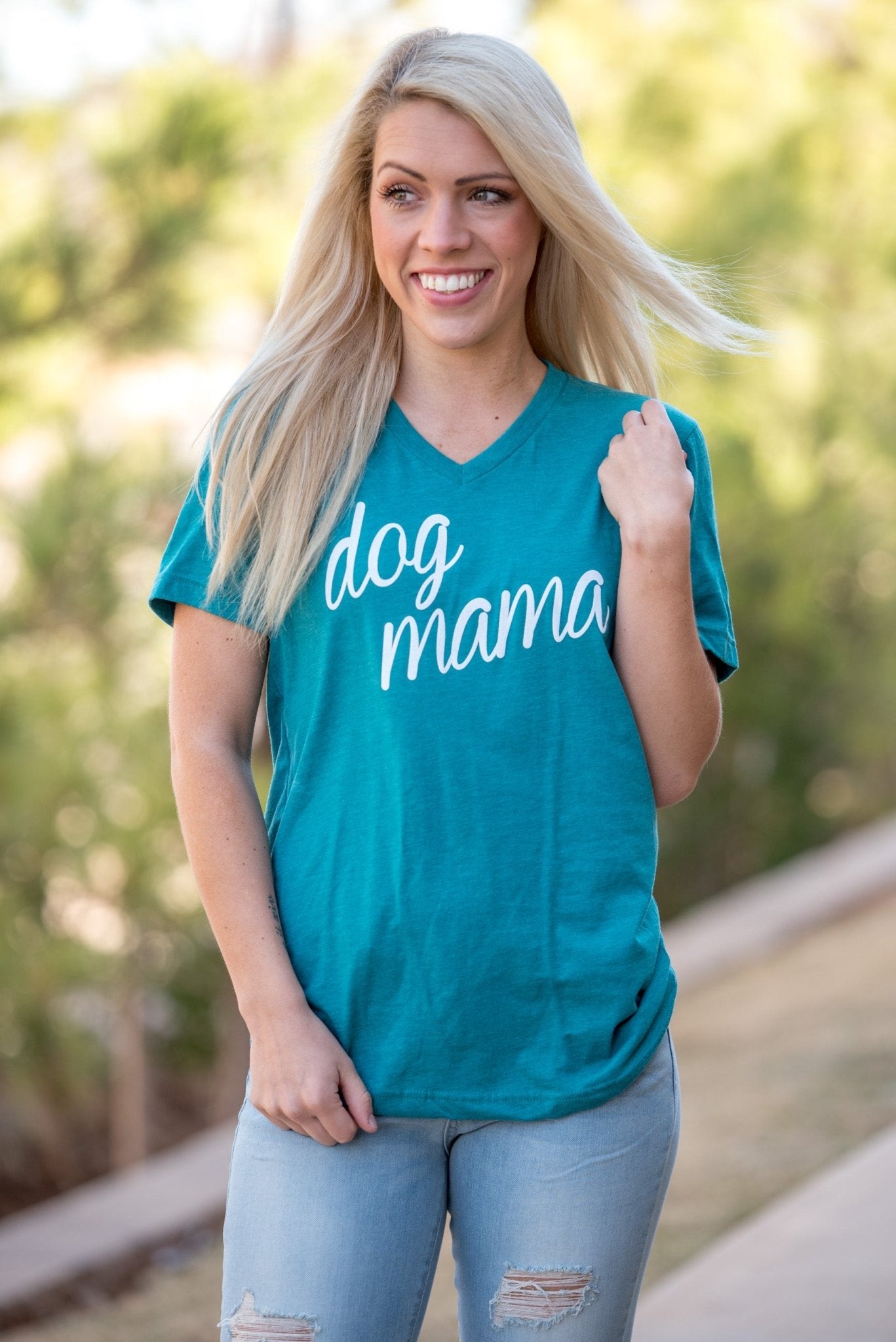 Dog mama script short sleeve v-neck t-shirt teal - Cute T-shirts - Funny T-Shirts at Lush Fashion Lounge Boutique in Oklahoma City