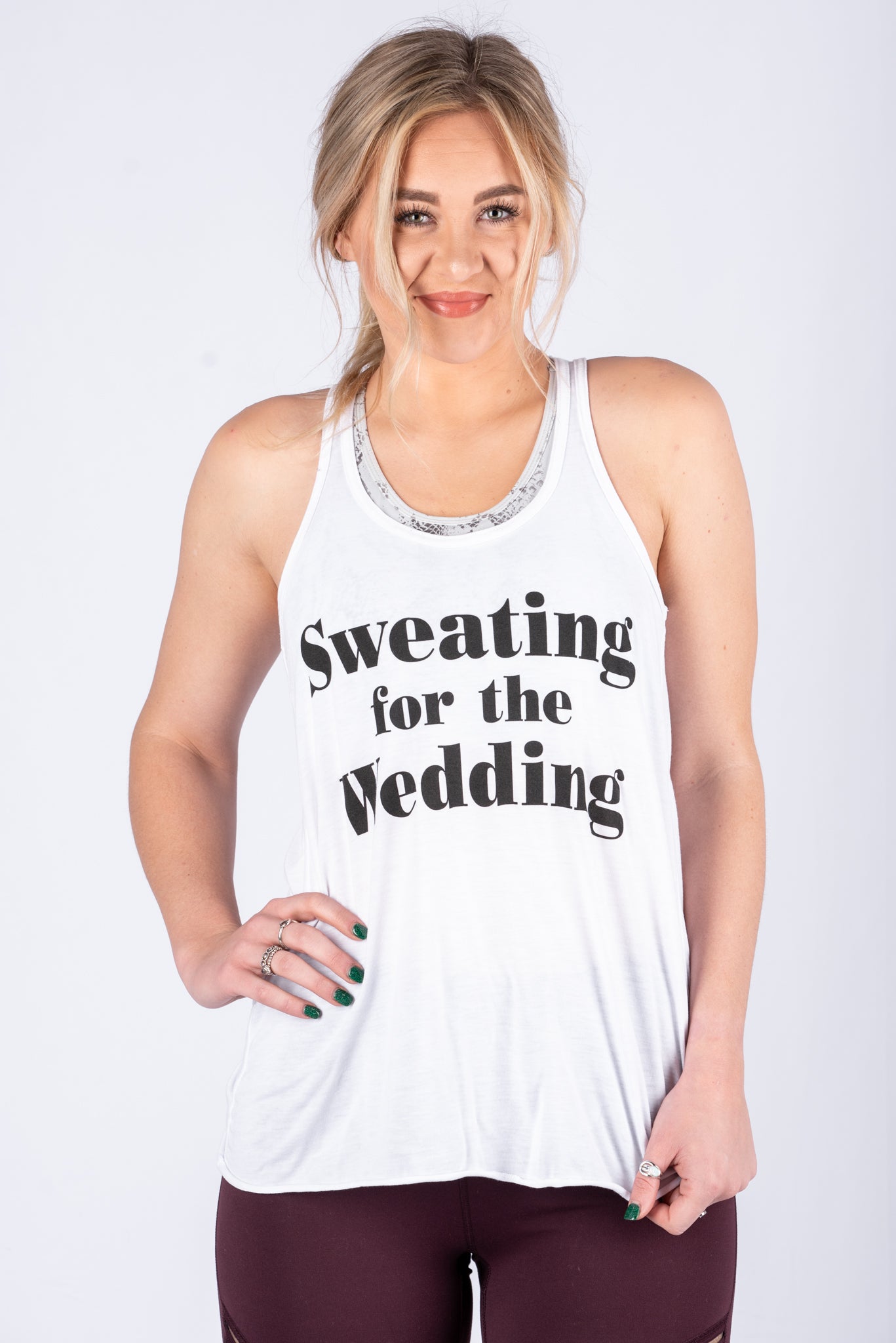 Sweating for the wedding racer flowy tank top white - Cute Tank Top - Funny T-Shirts at Lush Fashion Lounge Boutique in Oklahoma City