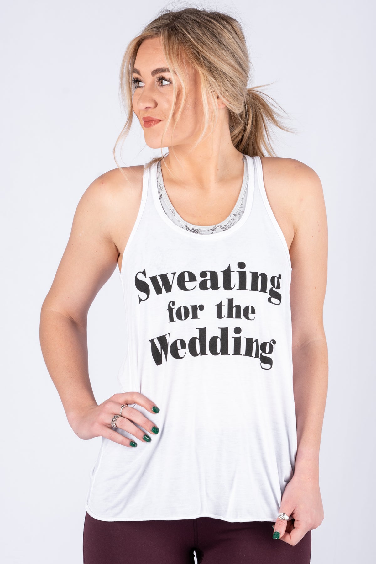 Sweating for the wedding racer flowy tank top white - Stylish Tank Top - Trendy Graphic T-Shirts and Tank Tops at Lush Fashion Lounge Boutique in Oklahoma City