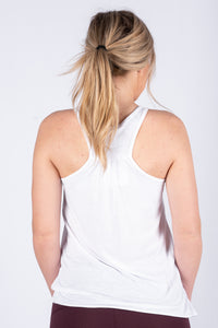 Sweating for the wedding racer flowy tank top white - Adorable Tank Top - Unique Tank Tops and Graphic Tees at Lush Fashion Lounge Boutique in Oklahoma