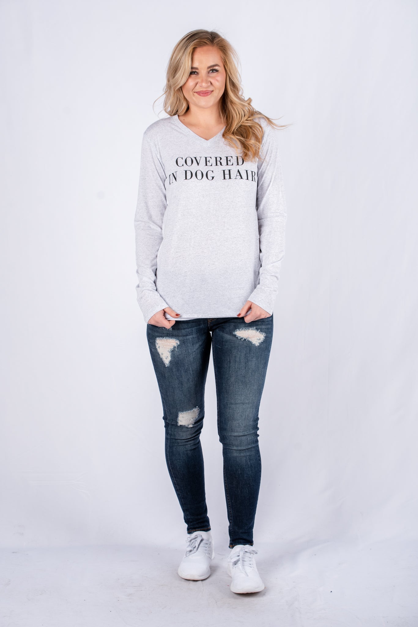 Covered in dog hair unisex long sleeve t-shirt white fleck - Trendy T-shirts - Cute Graphic Tee Fashion at Lush Fashion Lounge Boutique in Oklahoma