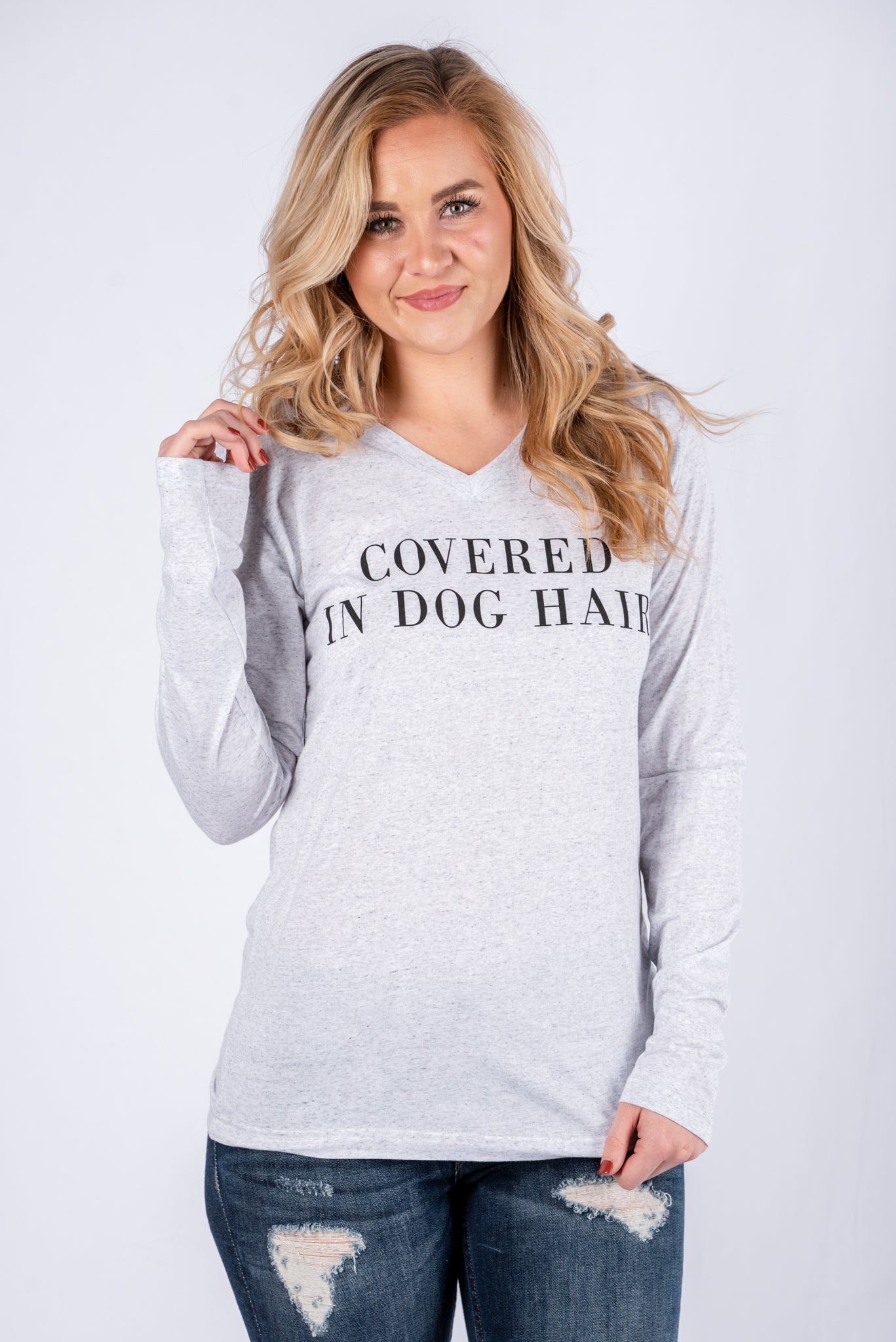 Covered in dog hair unisex long sleeve t-shirt white fleck - Stylish T-shirts - Trendy Graphic T-Shirts and Tank Tops at Lush Fashion Lounge Boutique in Oklahoma City