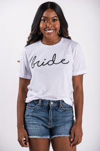 Bride pride script crew neck t-shirt white - Stylish T-shirts - Trendy Graphic T-Shirts and Tank Tops at Lush Fashion Lounge Boutique in Oklahoma City