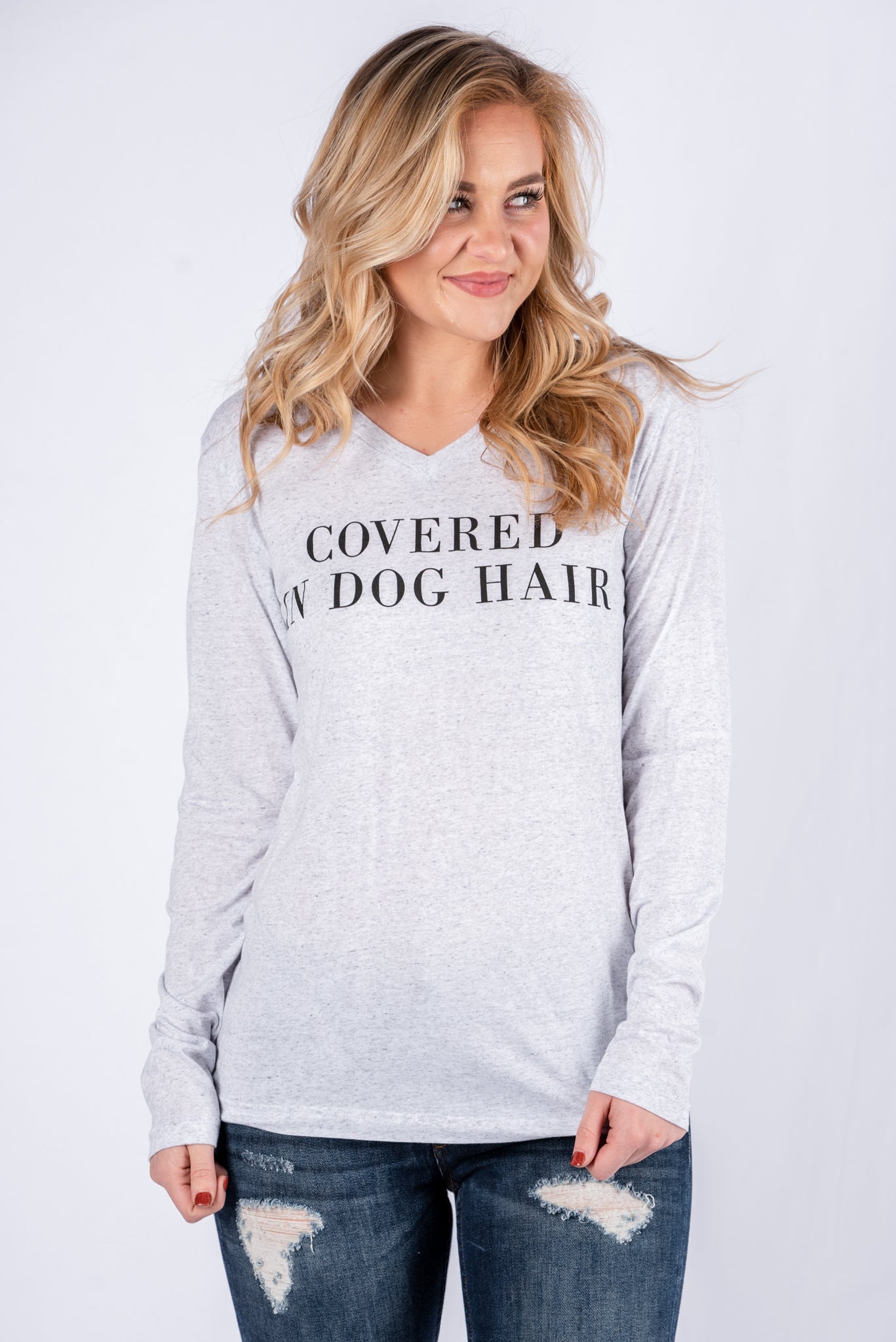 Covered in dog hair unisex long sleeve t-shirt white fleck - Adorable T-shirts - Unique Tank Tops and Graphic Tees at Lush Fashion Lounge Boutique in Oklahoma