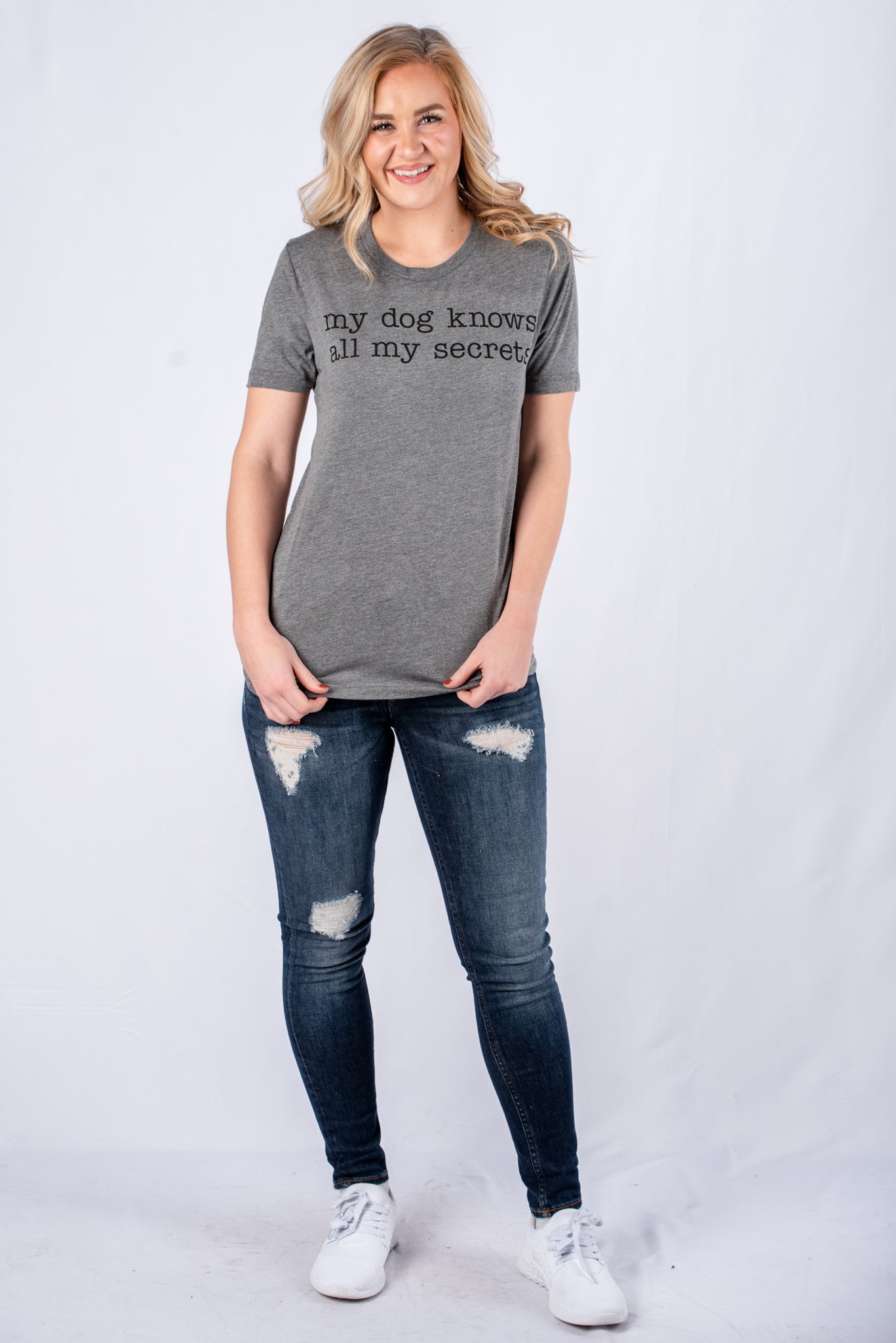 My dog knows all my secrets unisex short sleeve t-shirt grey - Trendy T-shirts - Cute Graphic Tee Fashion at Lush Fashion Lounge Boutique in Oklahoma