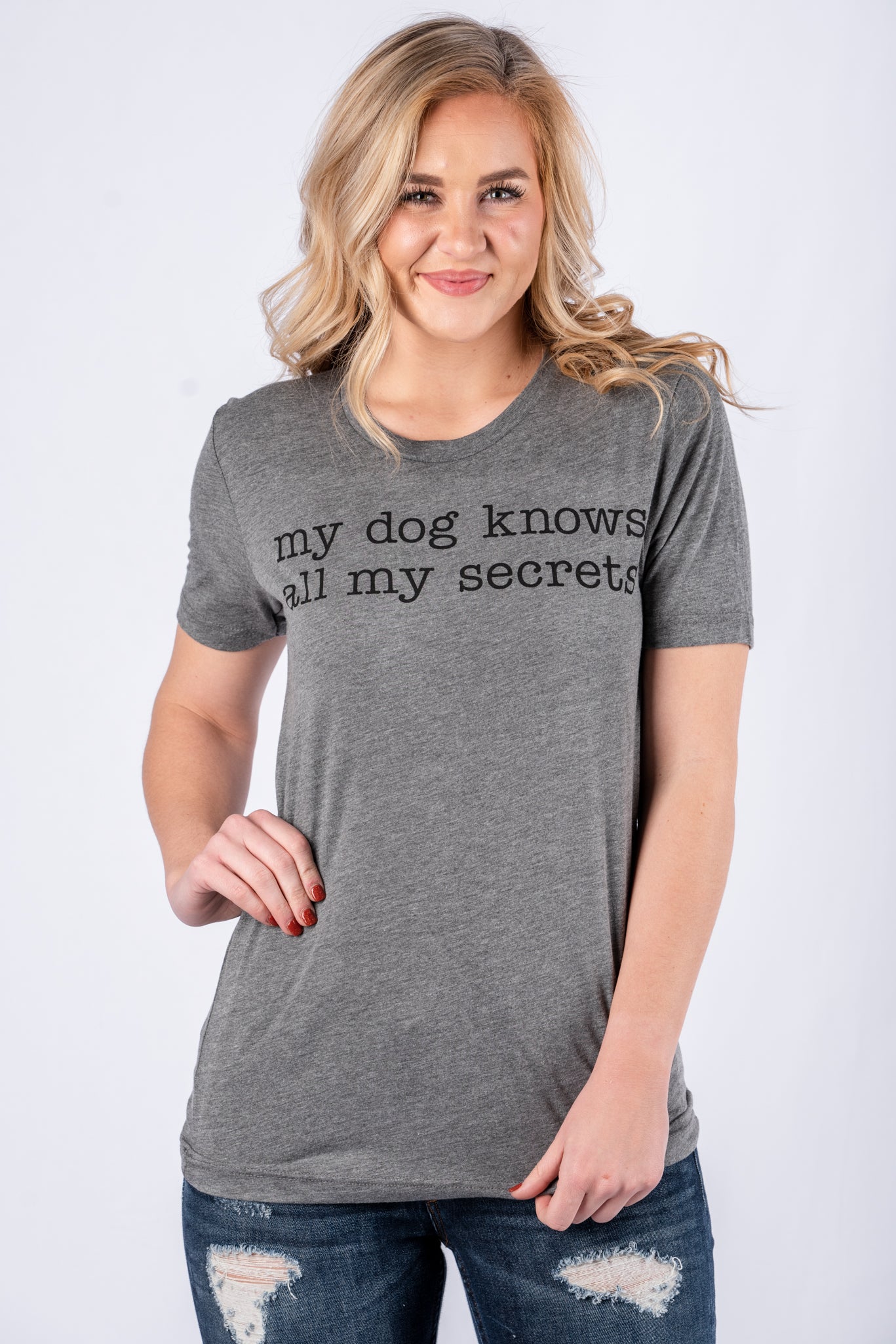My dog knows all my secrets unisex short sleeve t-shirt grey - Stylish T-shirts - Trendy Graphic T-Shirts and Tank Tops at Lush Fashion Lounge Boutique in Oklahoma City