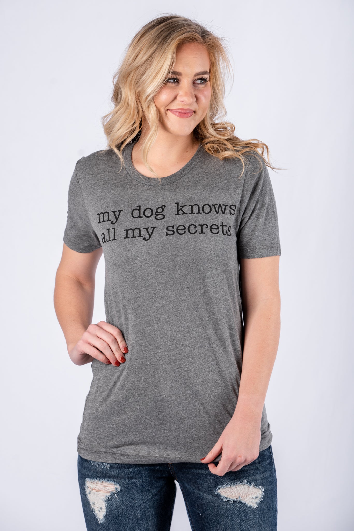 My dog knows all my secrets unisex short sleeve t-shirt grey - Cute T-shirts - Funny T-Shirts at Lush Fashion Lounge Boutique in Oklahoma City