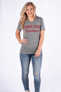 Corn dog connoisseur short sleeve v-neck t-shirt grey - Trendy T-shirts - Cute Graphic Tee Fashion at Lush Fashion Lounge Boutique in Oklahoma