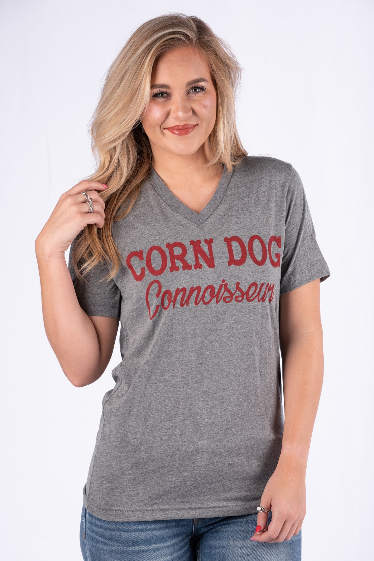 Corn dog connoisseur short sleeve v-neck t-shirt grey - Stylish T-shirts - Trendy Graphic T-Shirts and Tank Tops at Lush Fashion Lounge Boutique in Oklahoma City