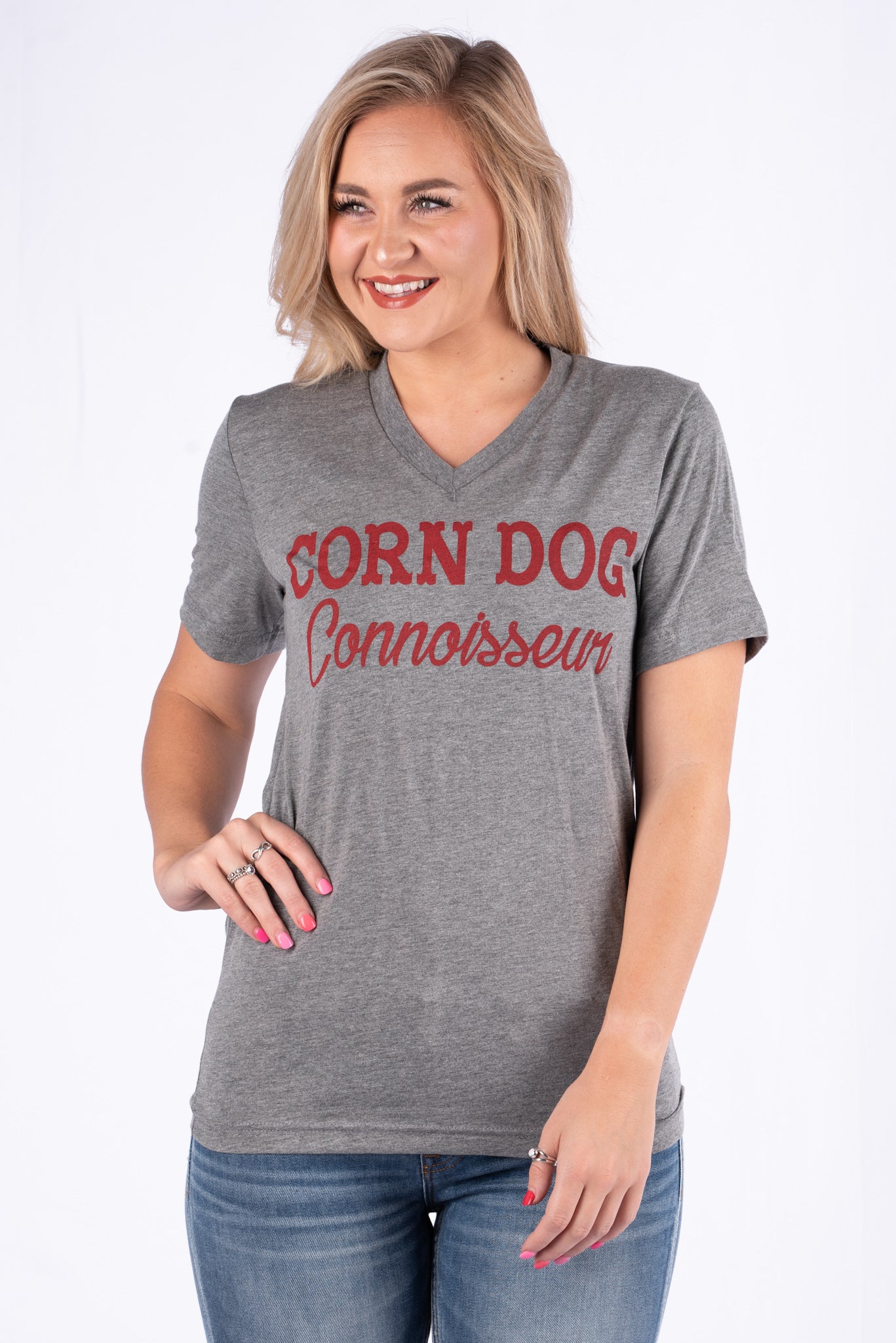 Corn dog connoisseur short sleeve v-neck t-shirt grey - Cute T-shirts - Funny T-Shirts at Lush Fashion Lounge Boutique in Oklahoma City