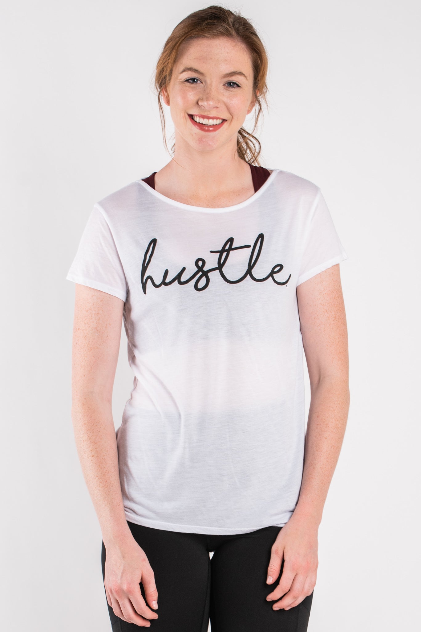 Hustle script criss cross back tee white - Cute T-shirts - Funny T-Shirts at Lush Fashion Lounge Boutique in Oklahoma City