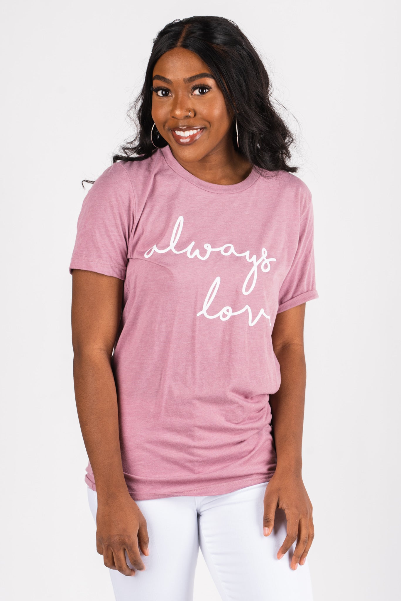 Always Love unisex short sleeve crew neck t-shirt orchid - Stylish T-shirts - Trendy Graphic T-Shirts and Tank Tops at Lush Fashion Lounge Boutique in Oklahoma City