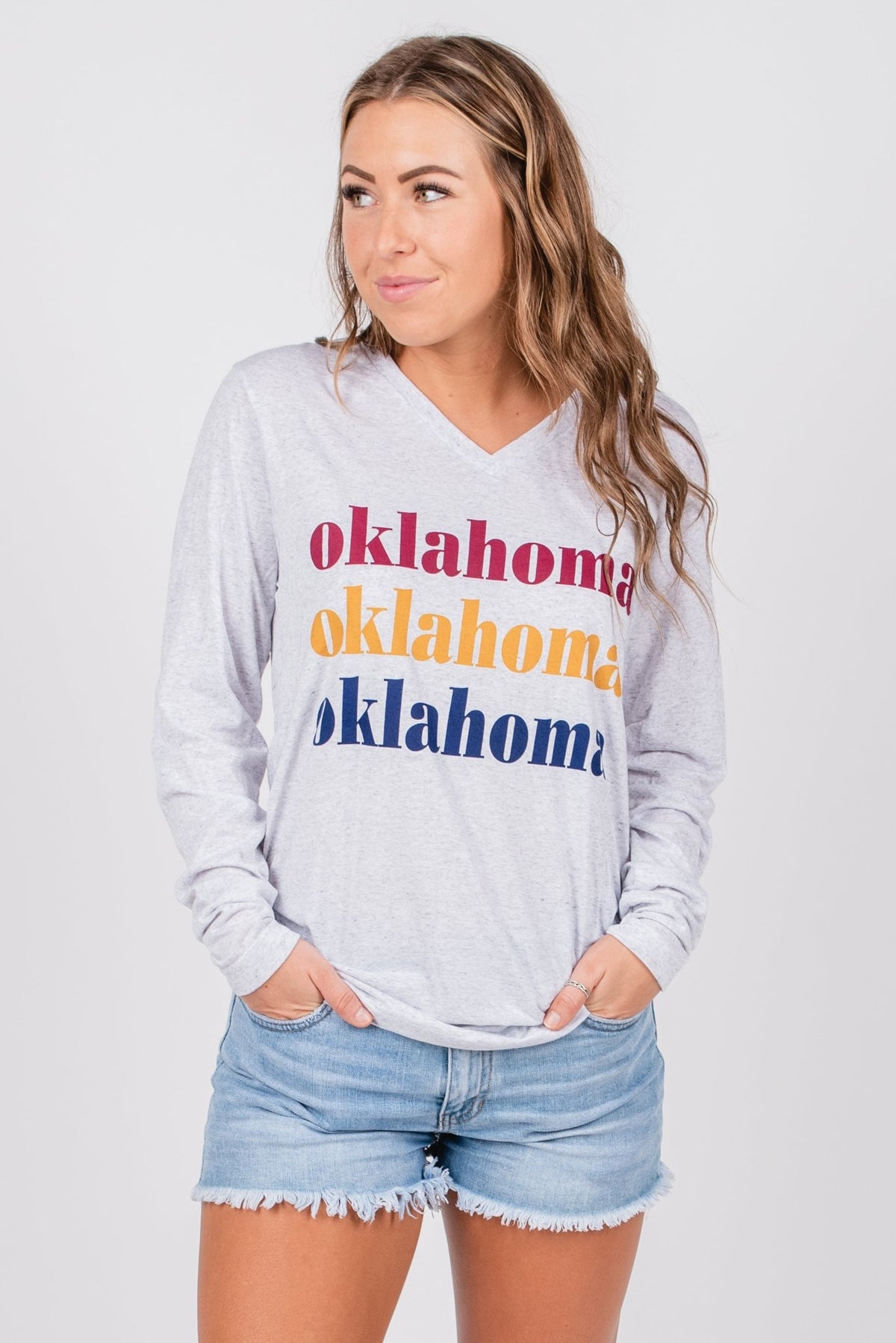 Oklahoma repeater unisex long sleeve v-neck t-shirt - Cute T-shirts - Trendy Graphic T-Shirts at Lush Fashion Lounge Boutique in Oklahoma City