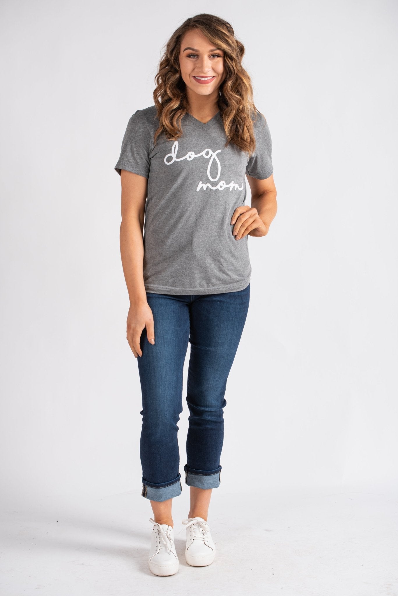 Dog Mom script unisex short sleeve v-neck t-shirt grey - Trendy Sweaters - Cute Graphic Tee Fashion at Lush Fashion Lounge Boutique in Oklahoma