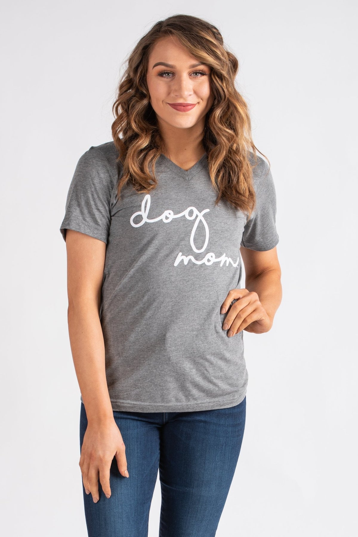 Dog Mom script unisex short sleeve v-neck t-shirt grey - Stylish Sweaters - Trendy Graphic T-Shirts and Tank Tops at Lush Fashion Lounge Boutique in Oklahoma City