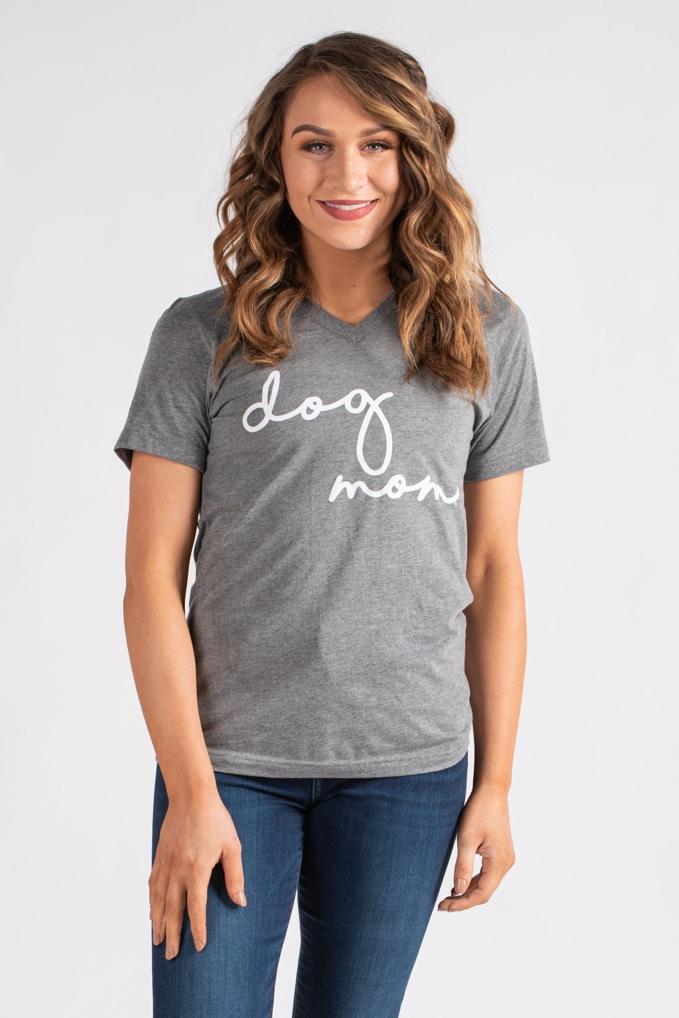 Dog Mom script unisex short sleeve v-neck t-shirt grey - Cute Sweaters - Funny T-Shirts at Lush Fashion Lounge Boutique in Oklahoma City