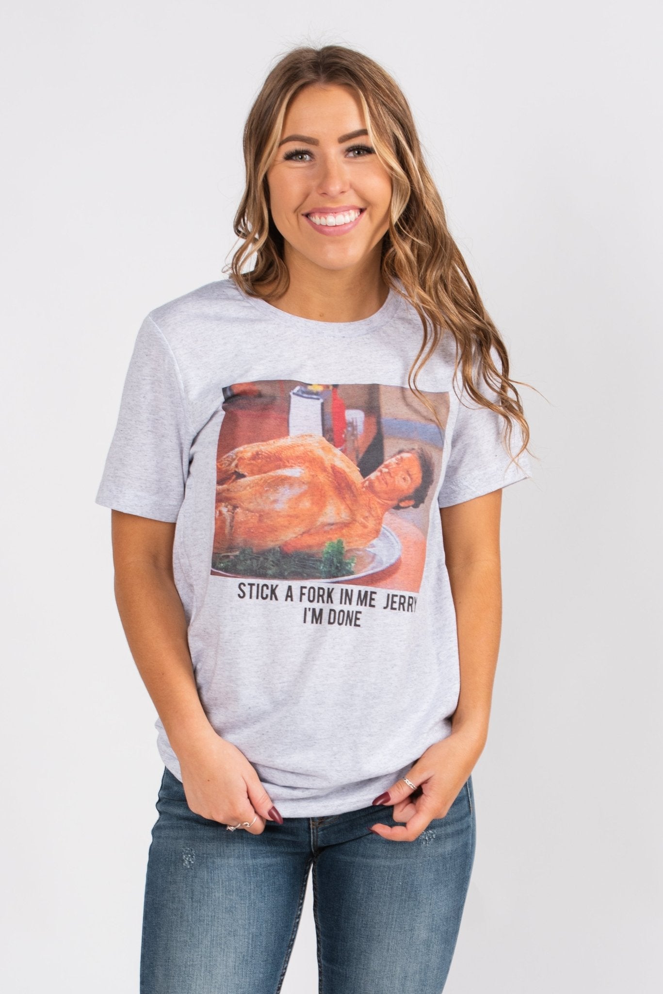 Seinfeld Stick a Fork In Me unisex short sleeve t-shirt - Stylish T-shirts - Trendy Graphic T-Shirts and Tank Tops at Lush Fashion Lounge Boutique in Oklahoma City