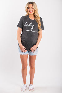 Baby Mama script unisex short sleeve t-shirt acid wash grey - Trendy T-shirts - Cute Graphic Tee Fashion at Lush Fashion Lounge Boutique in Oklahoma