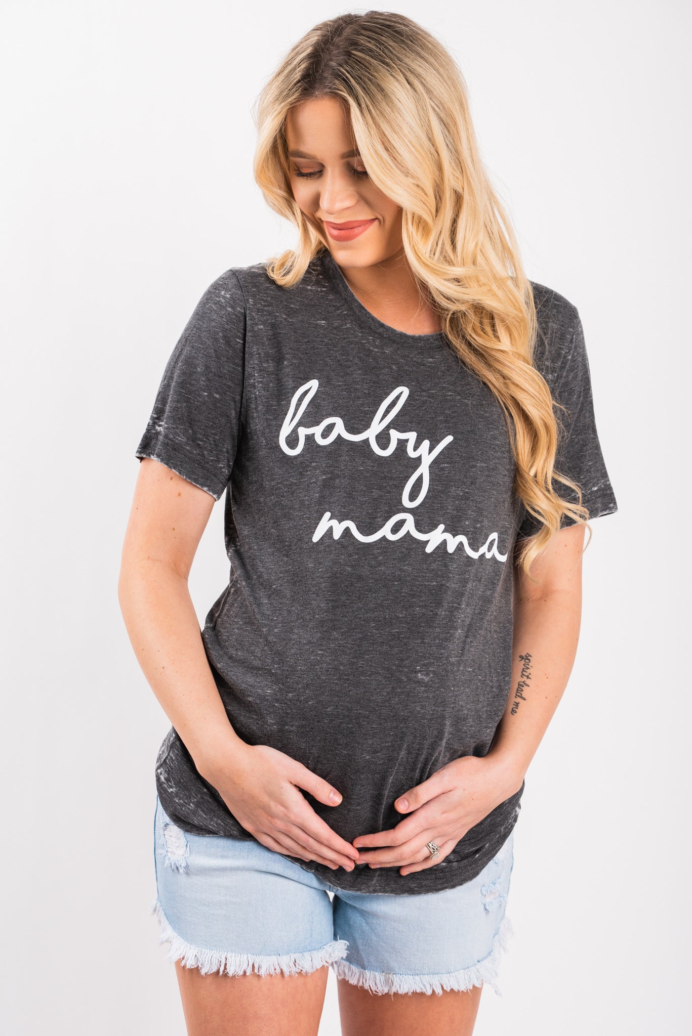 Baby Mama script unisex short sleeve t-shirt acid wash grey - Cute T-shirts - Funny T-Shirts at Lush Fashion Lounge Boutique in Oklahoma City