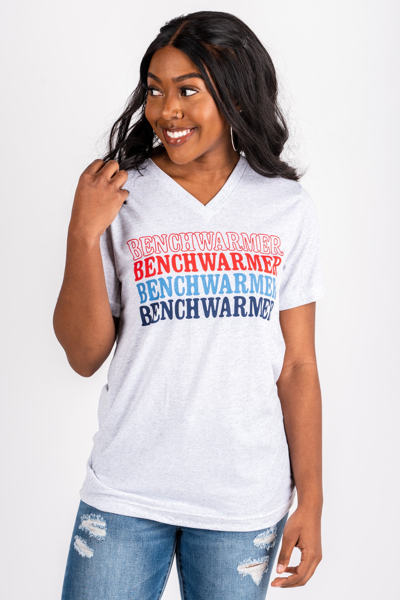 Benchwarmer unisex short sleeve v-neck t-shirt white fleck - Cute T-shirts - Funny T-Shirts at Lush Fashion Lounge Boutique in Oklahoma City