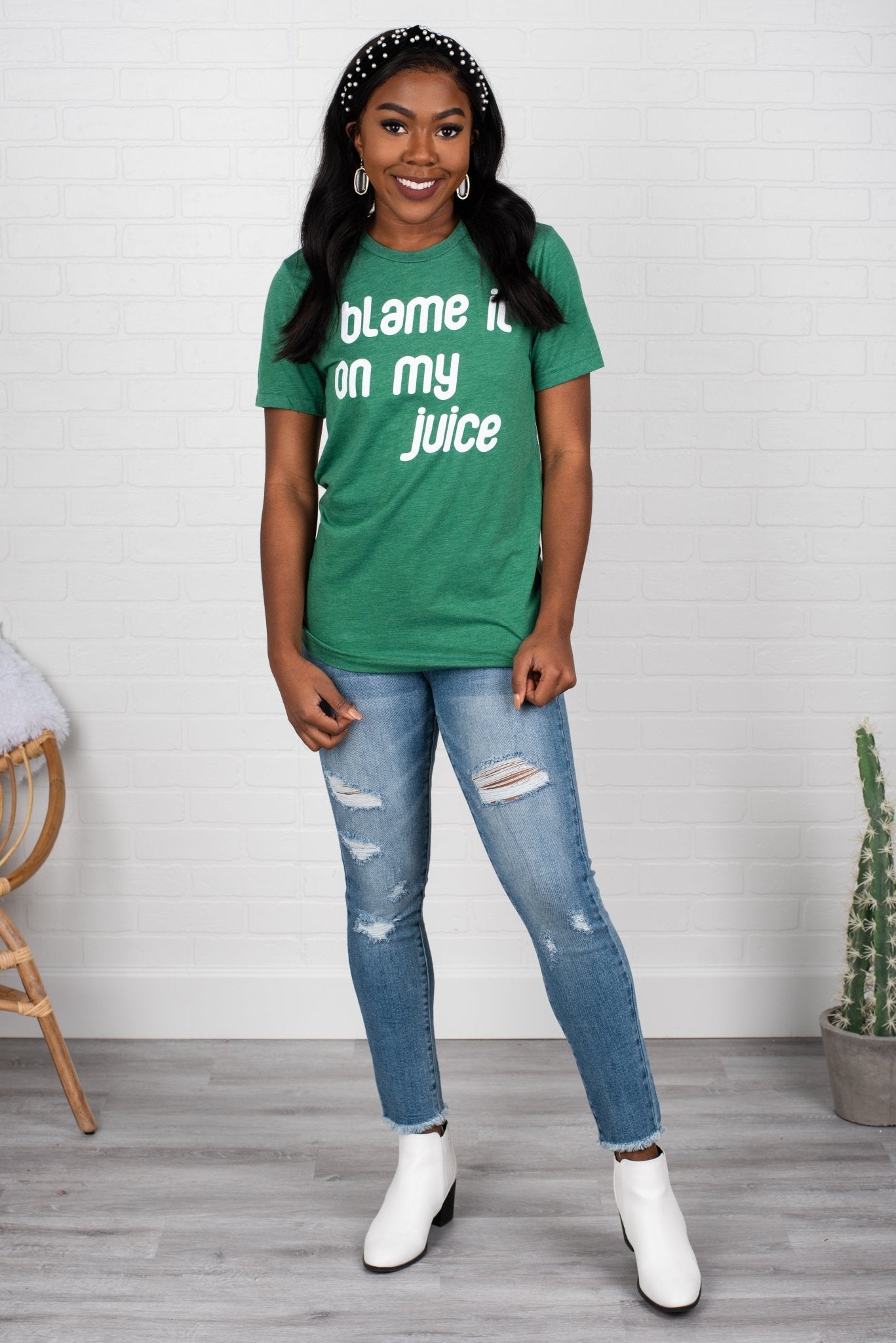 Blame it on my juice unisex short sleeve t-shirt green - Trendy T-shirts - Cute Graphic Tee Fashion at Lush Fashion Lounge Boutique in Oklahoma