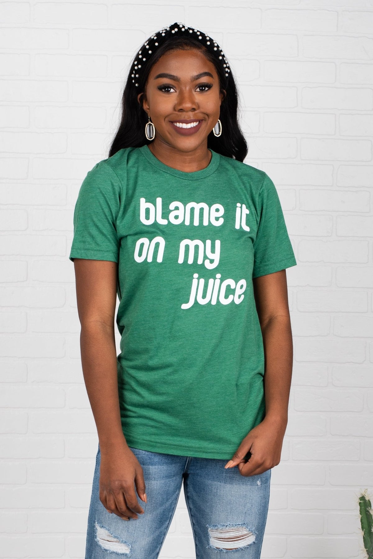 Blame it on my juice unisex short sleeve t-shirt green - Stylish T-shirts - Trendy Graphic T-Shirts and Tank Tops at Lush Fashion Lounge Boutique in Oklahoma City