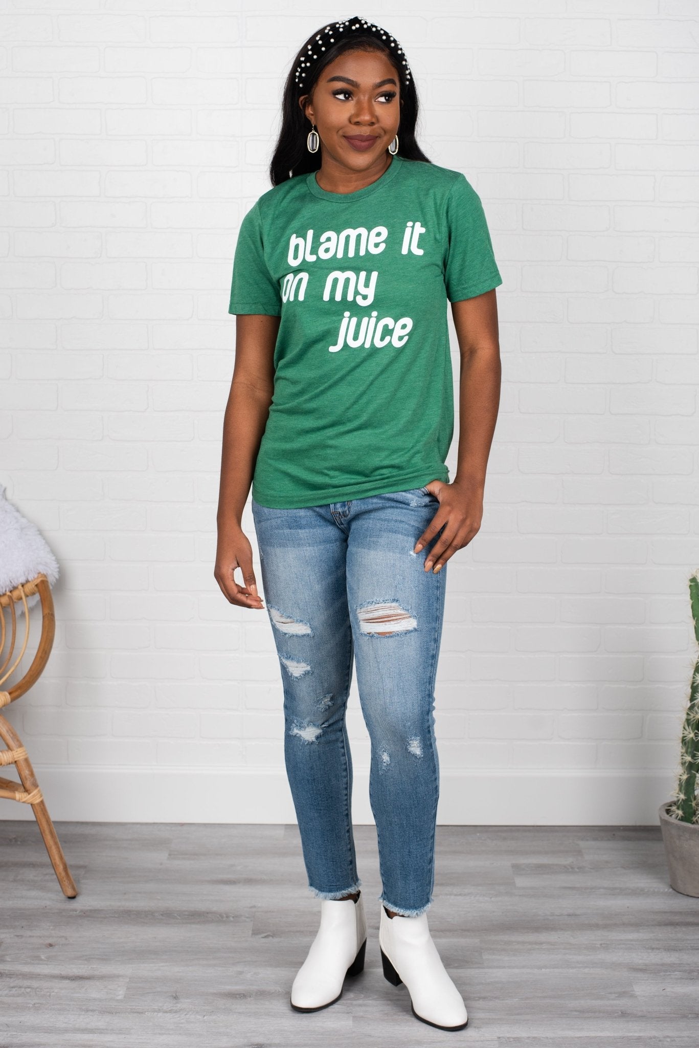 Blame it on my juice unisex short sleeve t-shirt green - Cute T-shirts - Funny T-Shirts at Lush Fashion Lounge Boutique in Oklahoma City