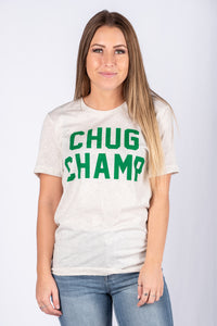 Chug Champ Unisex T-shirt Oatmeal - Trendy T-shirts - Cute Graphic Tee Fashion at Lush Fashion Lounge Boutique in Oklahoma