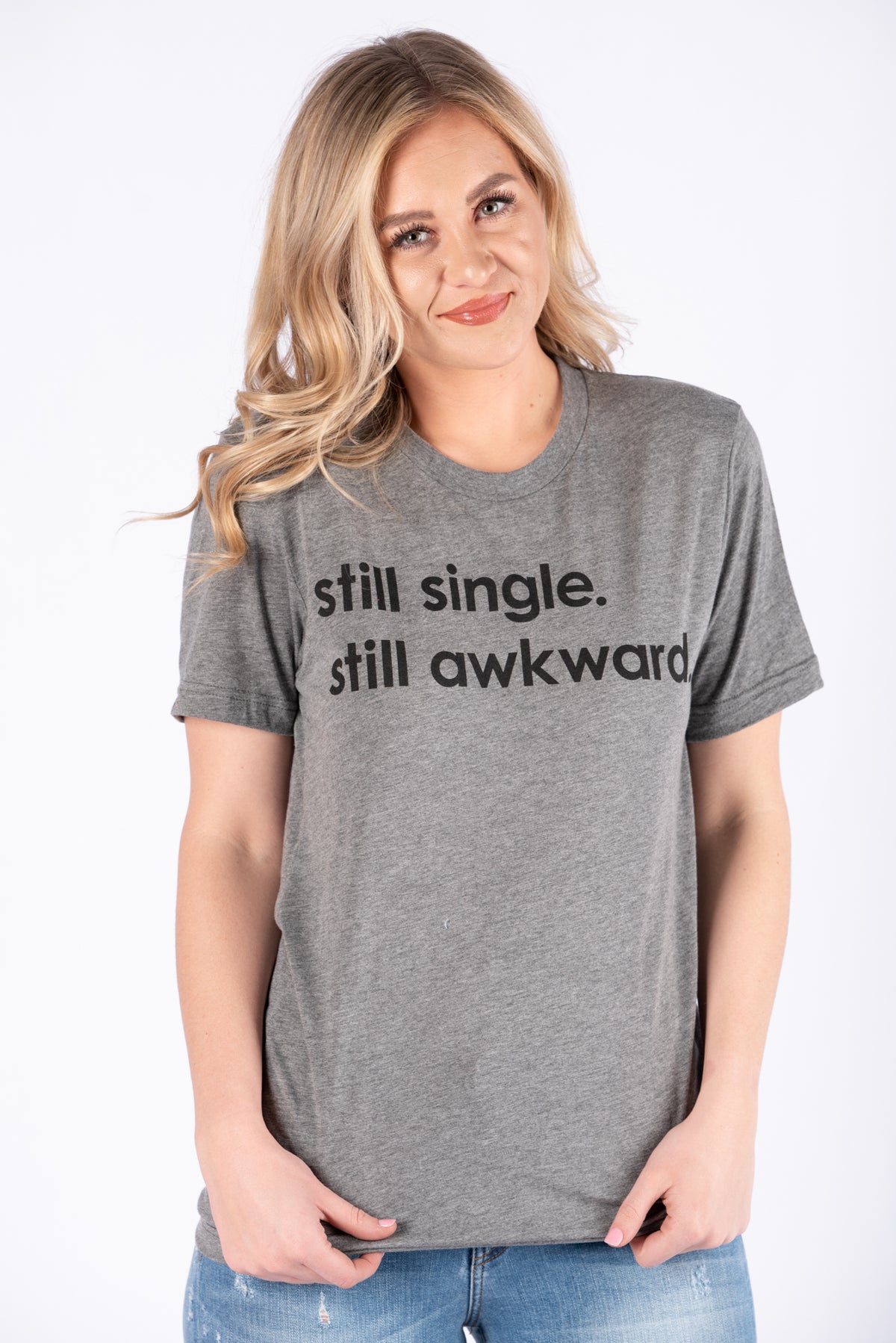 Still single Still awkward unisex short sleeve t-shirt grey - Stylish T-shirts - Trendy Graphic T-Shirts and Tank Tops at Lush Fashion Lounge Boutique in Oklahoma City