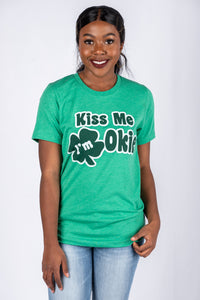 Kiss me I'm Okie unisex short sleeve t-shirt green - Trendy T-shirts - Cute Graphic Tee Fashion at Lush Fashion Lounge Boutique in Oklahoma