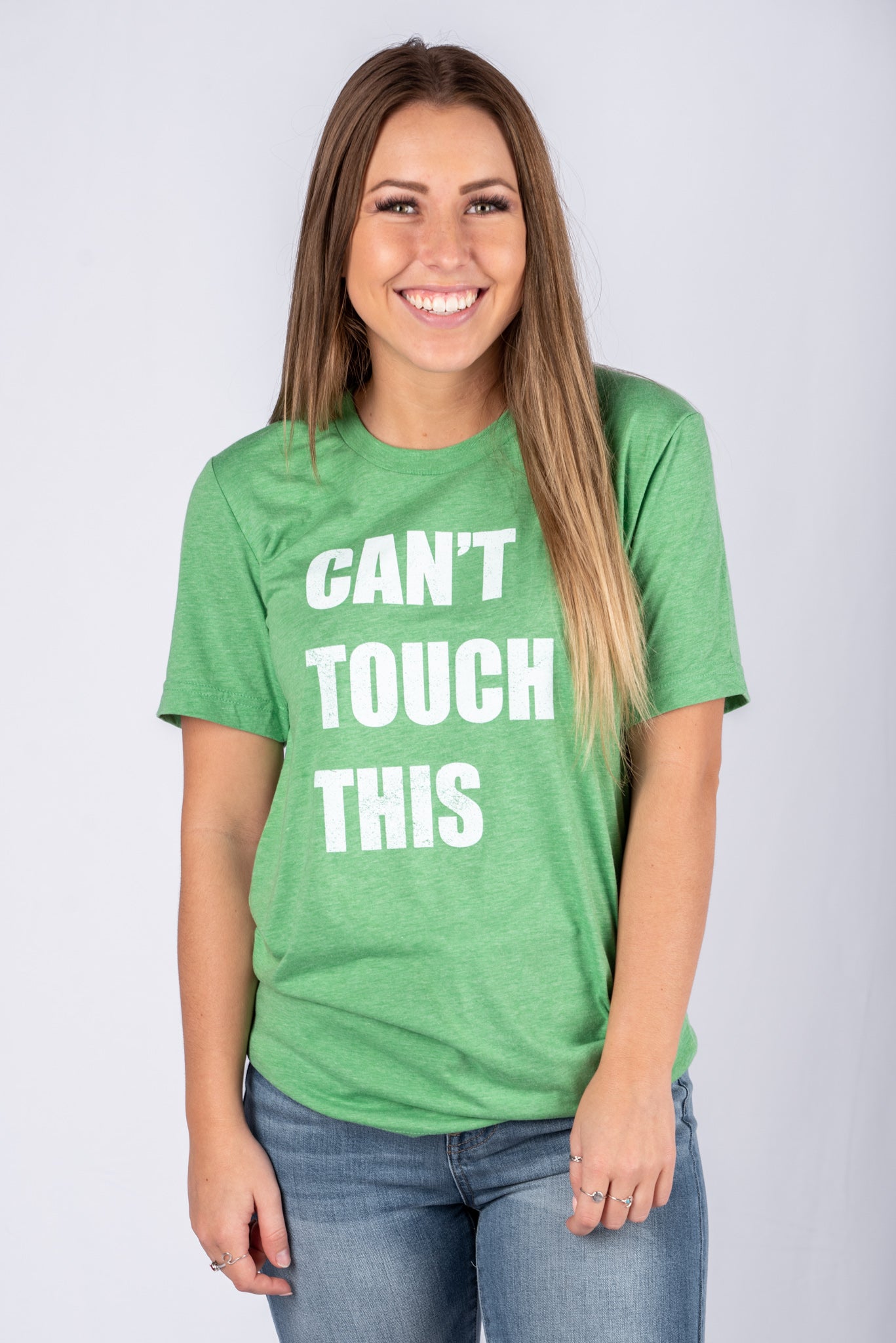 Can't Touch This Unisex Green T-shirt - Trendy T-shirts - Cute Graphic Tee Fashion at Lush Fashion Lounge Boutique in Oklahoma